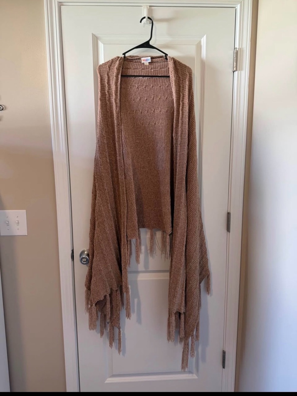 LuLaRoe Open-Front Fringe Knit Wrap in Taupe